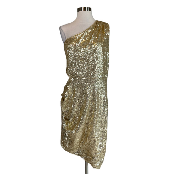 BCBGMAXAZRIA Women's Cocktail Dress Size 6 Gold Sequin One Shoulder Sheath - Picture 1 of 13
